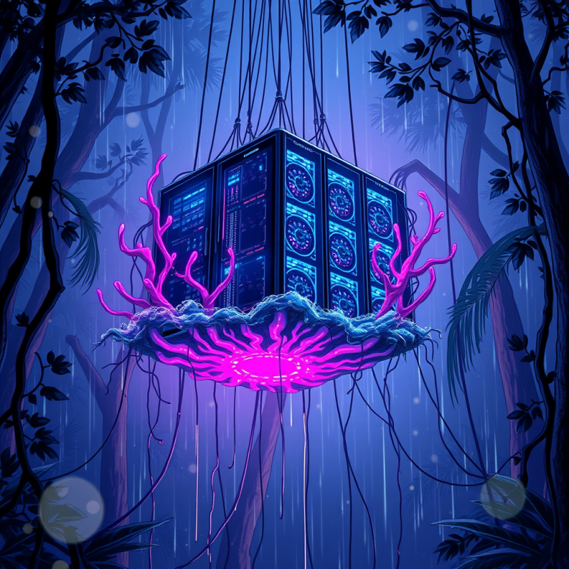 Glowing Server Unit Suspended in a Mystical,
