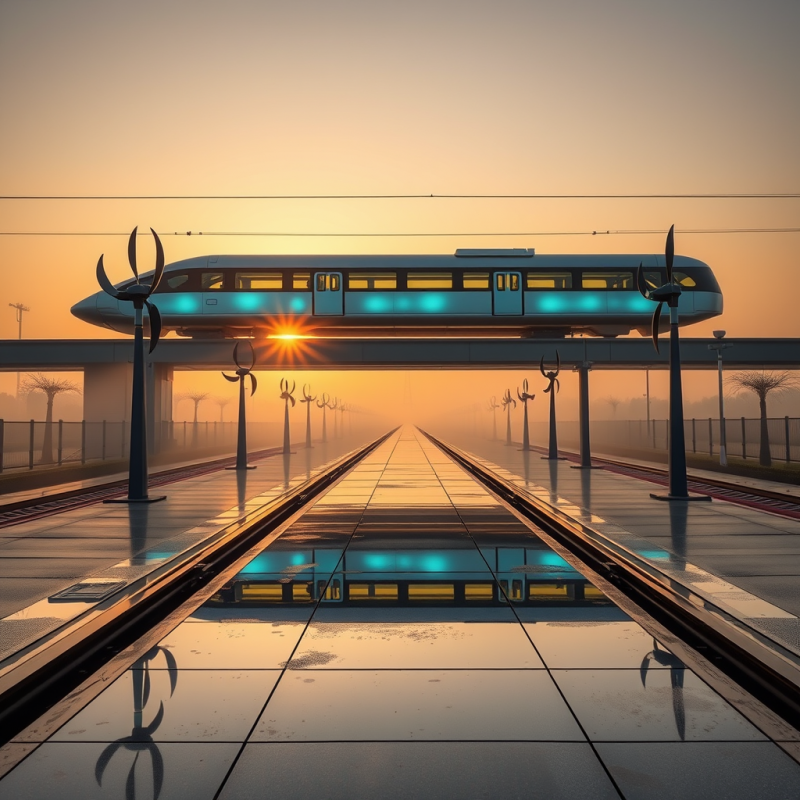 Glowing Silver Maglev Train悬浮 Above a Reflective Gl...