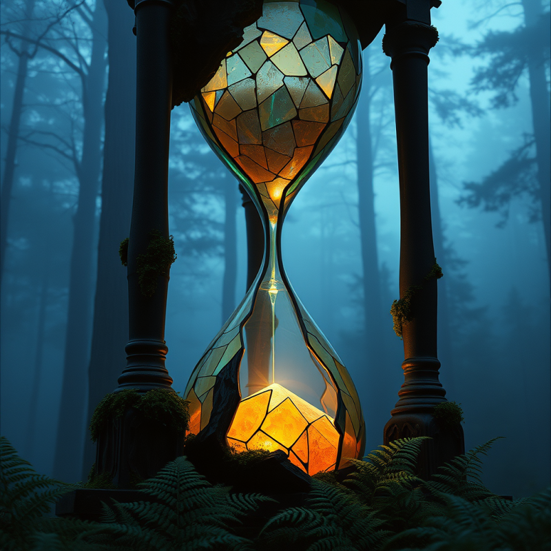 Glowing Stained Glass Hourglass Suspended Between