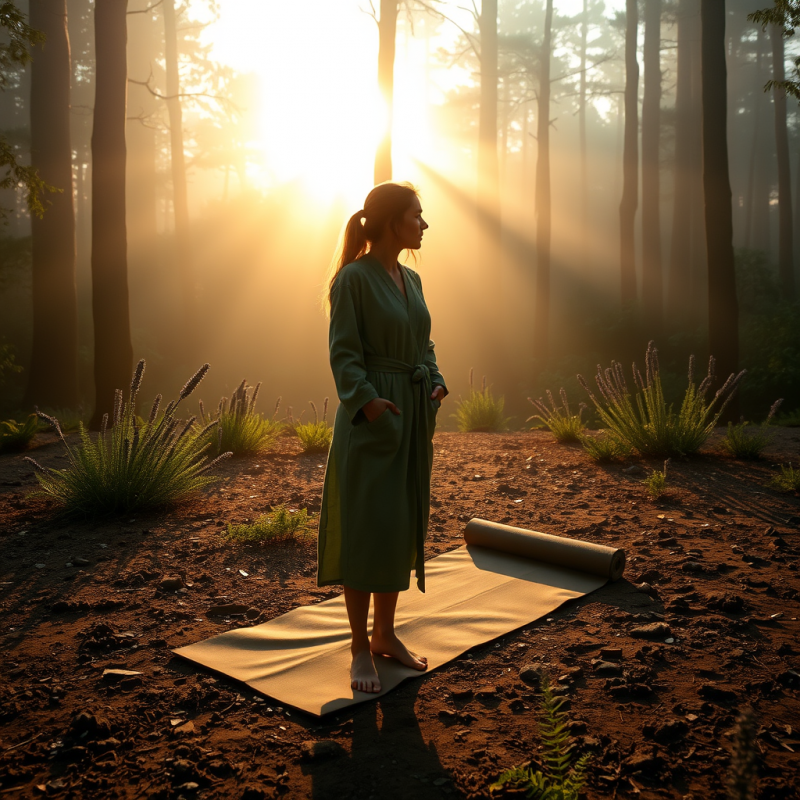 Glowing Sunrise Filters Through a Misty Forest Canopy A...