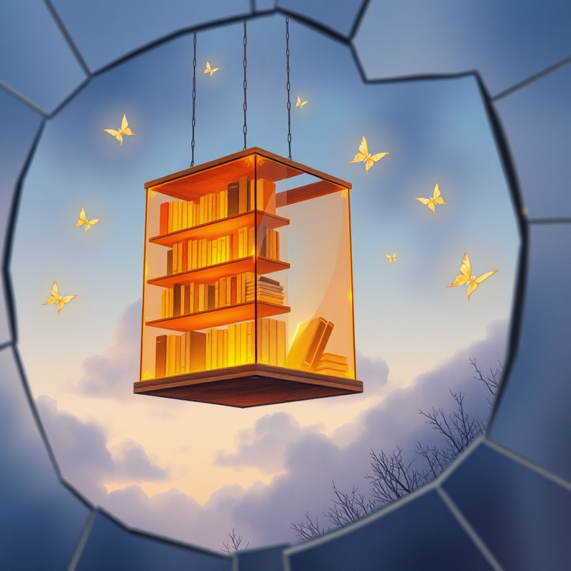 Glowing, Suspended Bookshelf Filled with Books,