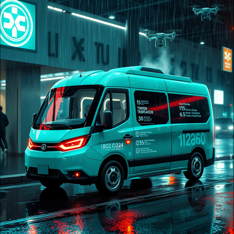 Glowing Teal Hydrogen Fuel Cell Delivery Van Parked Und...