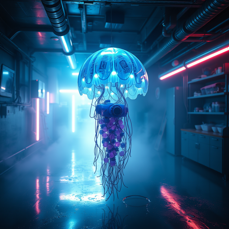 Glowing, Tech-integrated Jellyfish Hovers in a