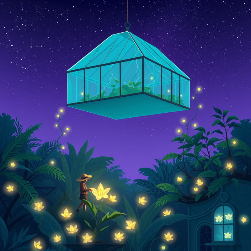 Glowing Turquoise Greenhouse Floats Against a Starry