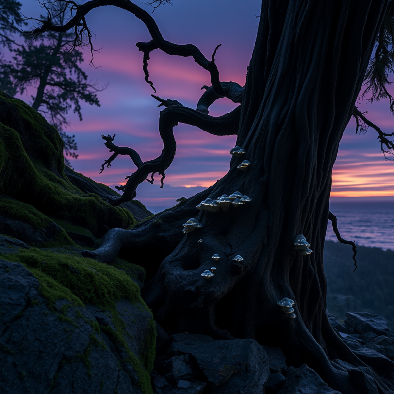 Gnarled, Ancient Tree with Glowing Fungi Grows on a