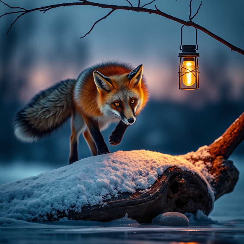 Golden-brown Fox with Frost-tipped Ears Crouches Mid-le...