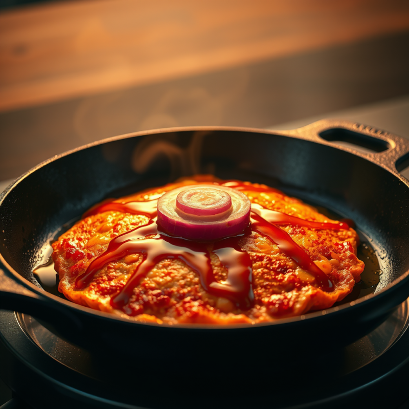 Golden-brown Kimchi Pancake Sizzling on a Cast-iron Ski...