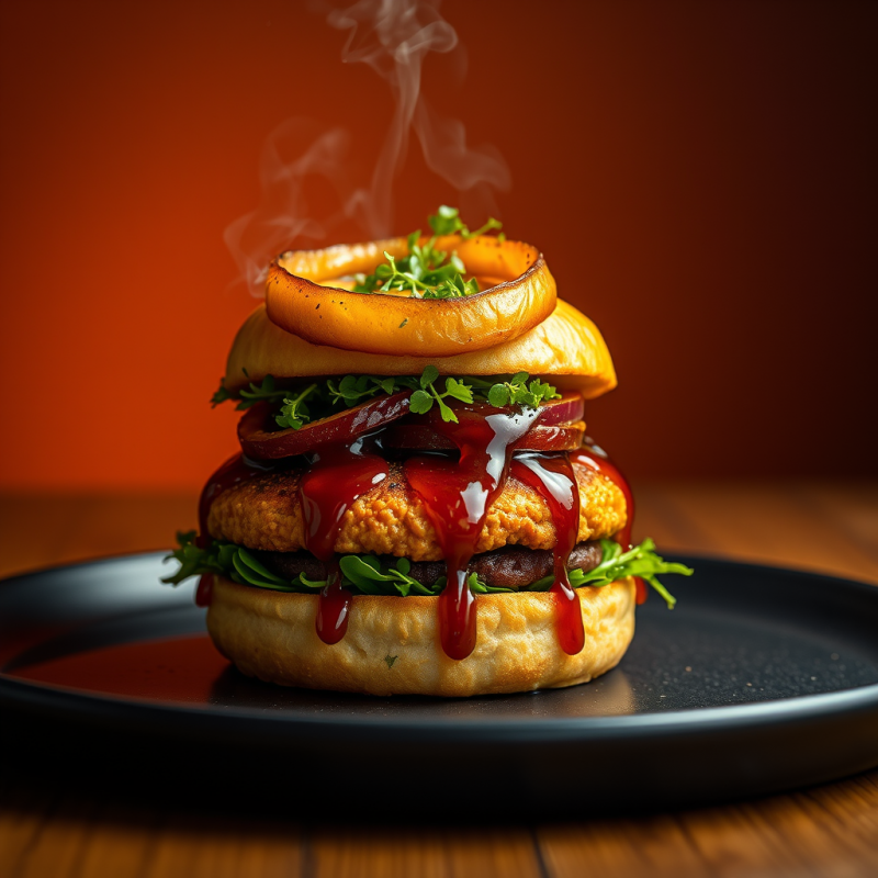 Golden-brown Vegan Burger Crowned with a Dripping Caram...