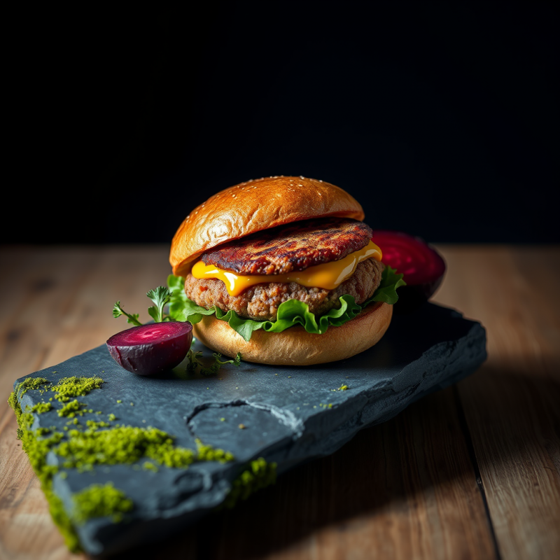 Golden-brown Vegan Burger Rests at an Odd 45-degree Ang...