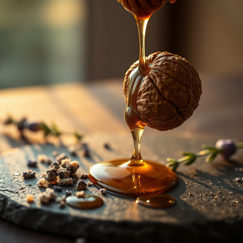 Golden Honey Cascades Over a Textured Walnut on a Dark