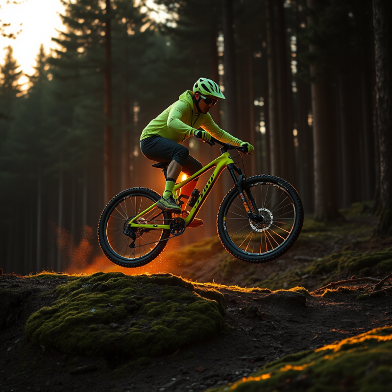 Golden-hour Backlit Shot of a Lone Mountain Biker Mid-a...