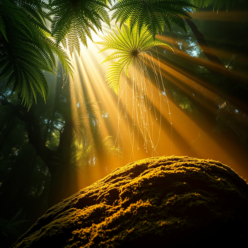 Golden Hour Beams Pierce Through a Dense Emerald Rainfore...