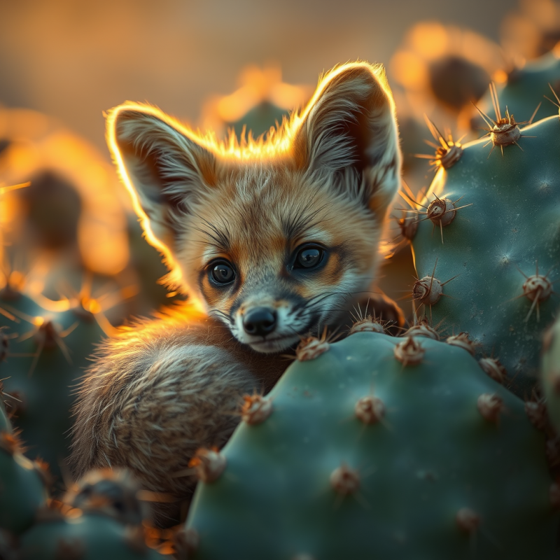 Golden-hour Close-up of a Desert Fox Pup Curled in a Pr...