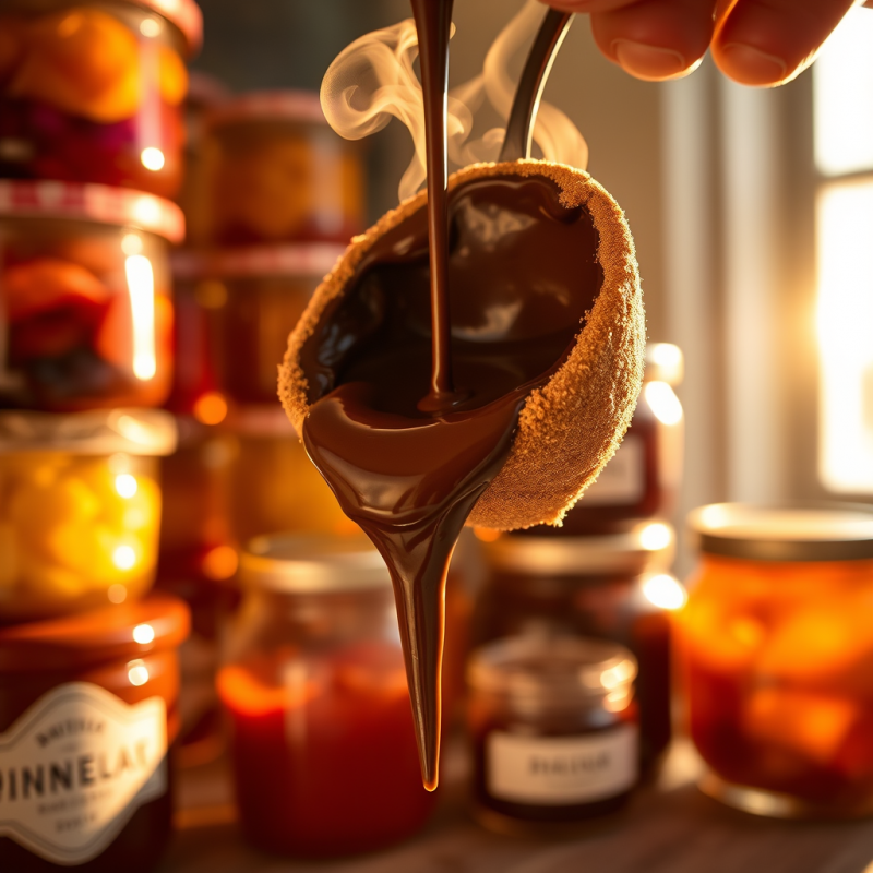 Golden-hour Close-up of a Hand Pouring Molten Chocolate...
