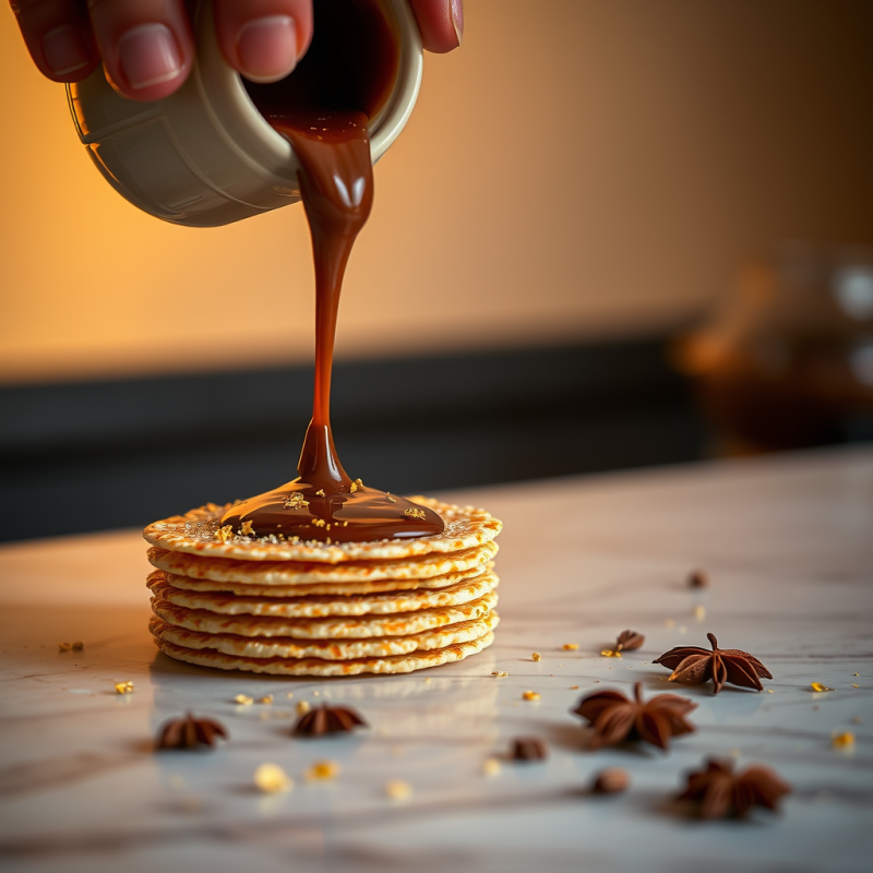 Golden Hour Close-up of a Hand Pouring Molten Chocolate...