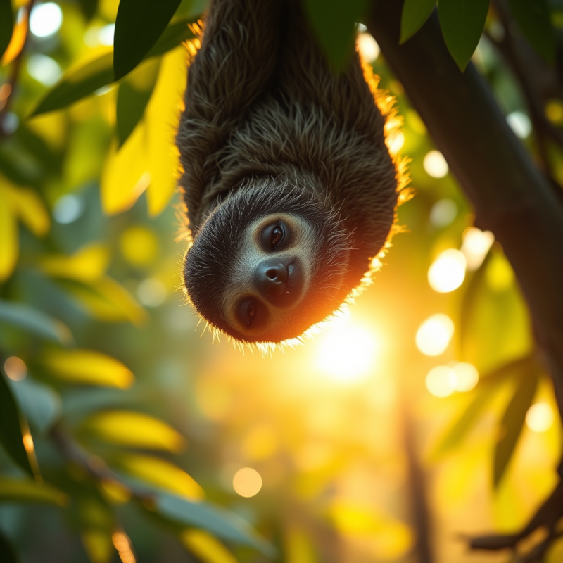 Golden-hour Close-up of a Sloth Hanging Upside Down Fro...