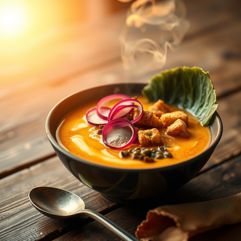 Golden Hour Close-up of a Vegan Ramen Bowl Glowing With...