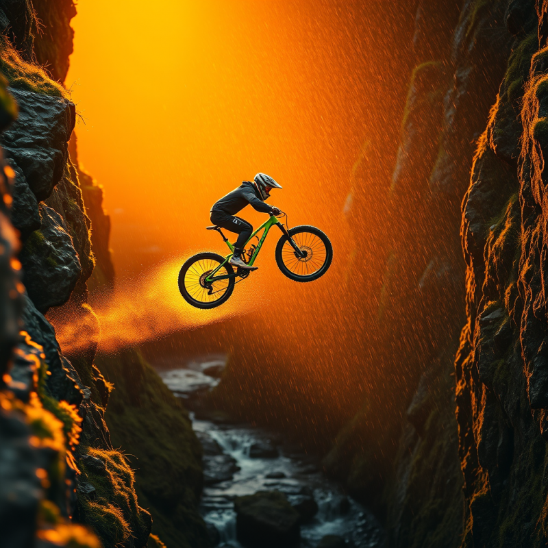 Golden-hour Drone Shot of a Lone Mountain Biker Mid-air...