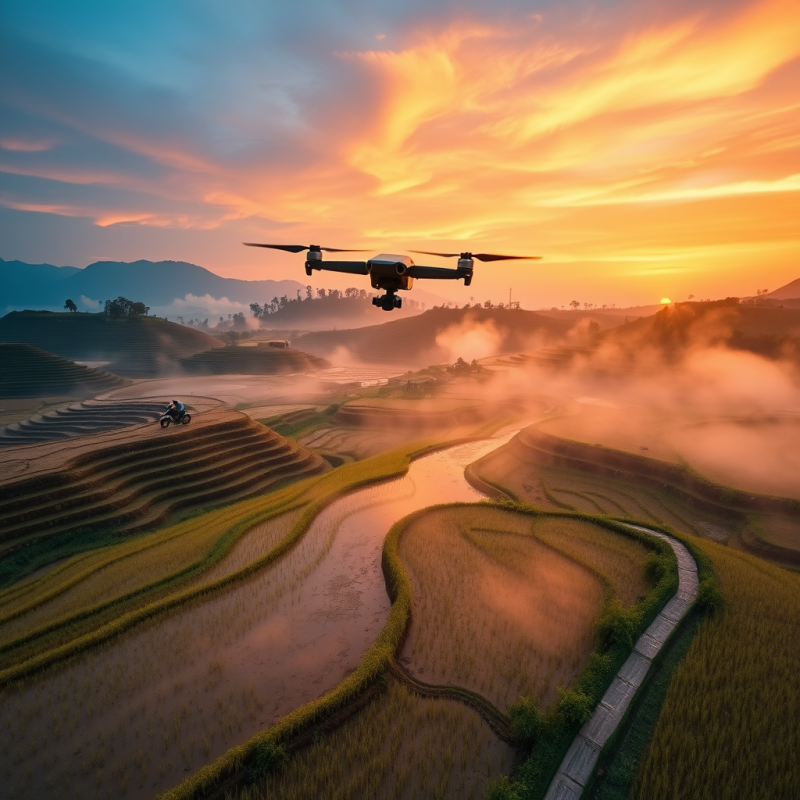 Golden-hour Drone Shot Soaring Low Above a Terraced Ric...