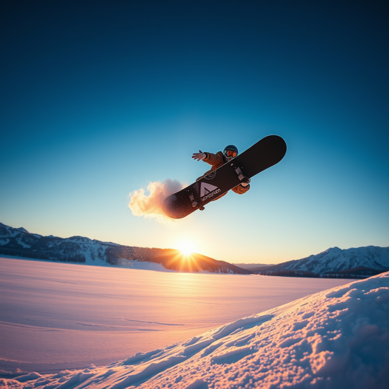 Golden-hour Glow Bathes a Lone Snowboarder Mid-air Over...