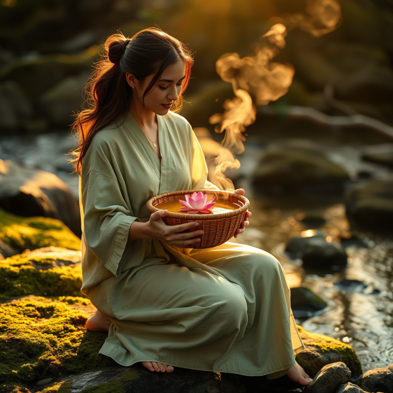 Golden Hour Glow Envelops a Woman in a Flowing Sage-green...