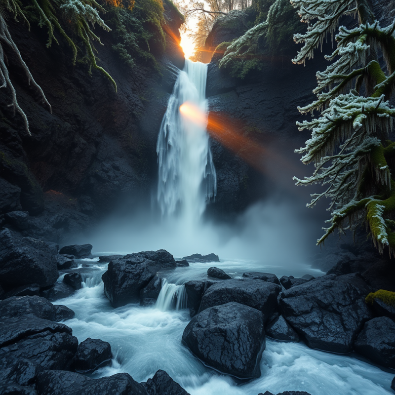 Golden Hour Glow Filters Through a Frozen Waterfall Casca...