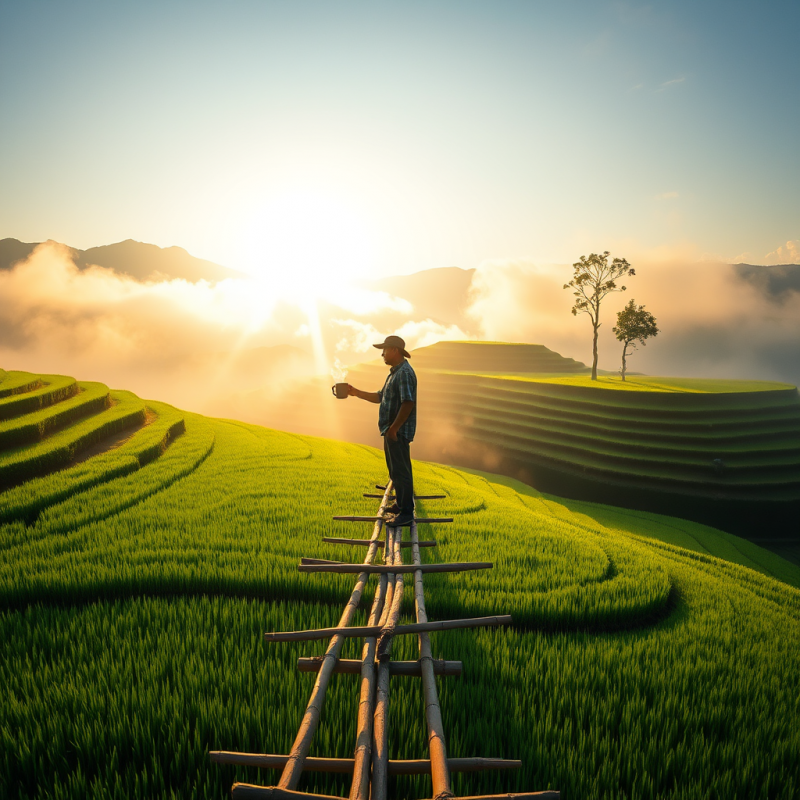 Farmer Drinking Coffee on Rice Terraces