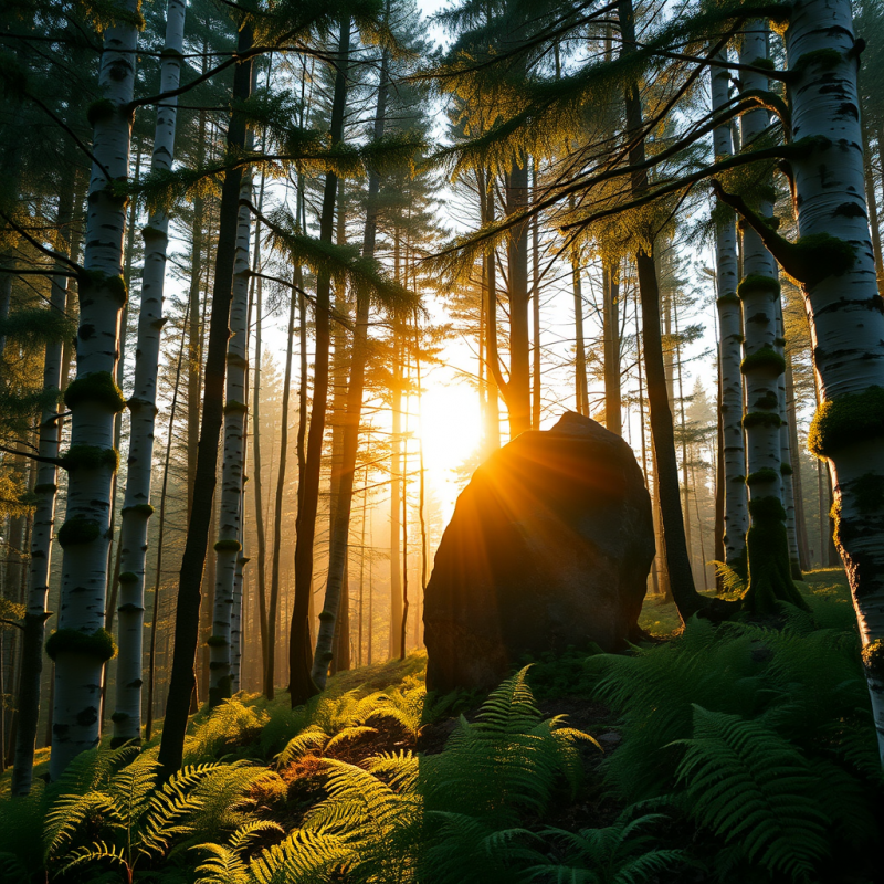 Golden Hour Glow Spills Through a Dense Canopy of Emerald...