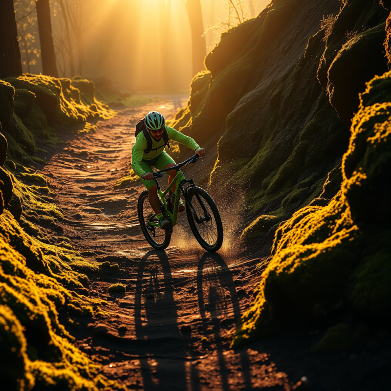 Mountain Biker on Mossy Forest Trail