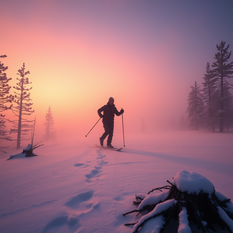 Golden Hour Light Cuts Through Mist As A Lone Cross-count...