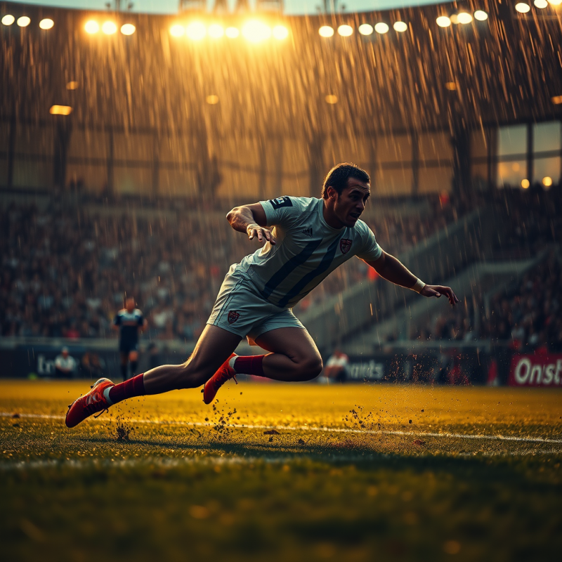 Golden-hour Light Slicing Through Rain-slicked Stadium Li...