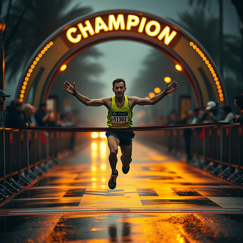 Golden-hour Light Spills Across A Rain-slicked Marathon F...