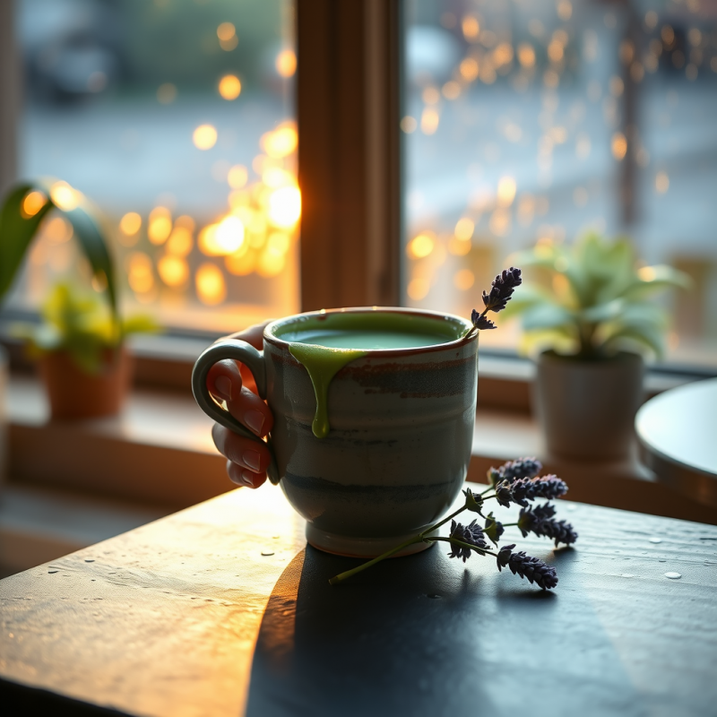 Golden Hour Light Spills Through a Rain-streaked Café Wi...