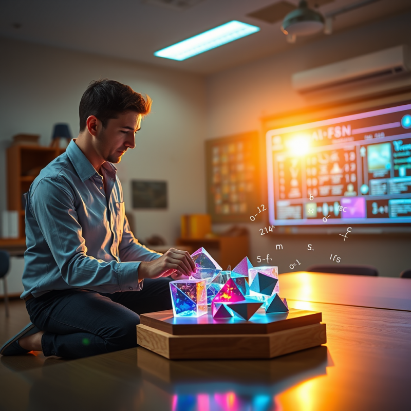 Golden-hour-lit Classroom with a Teacher Kneeling Besid...