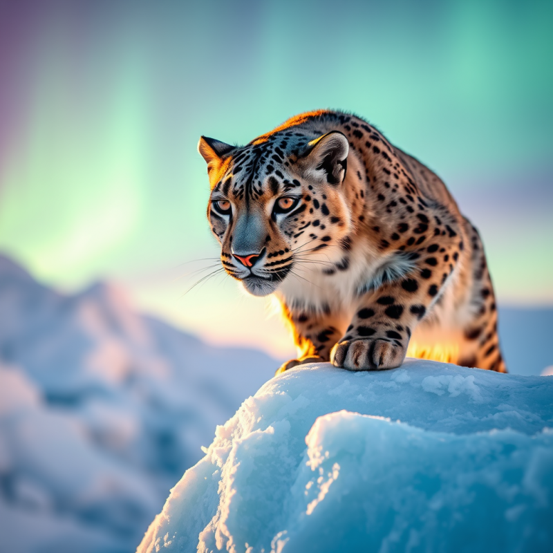 Golden-hour Portrait of a Lone Snow Leopard Crouched At...