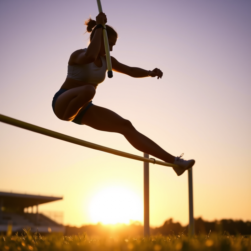 Golden Hour Shot of a Female Pole Vaulter Mid-clearance