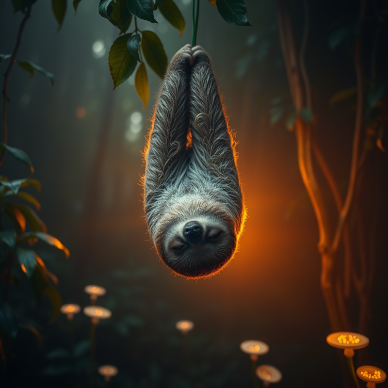 Golden Hour Shot of a Lone Sloth Suspended Upside-down ...