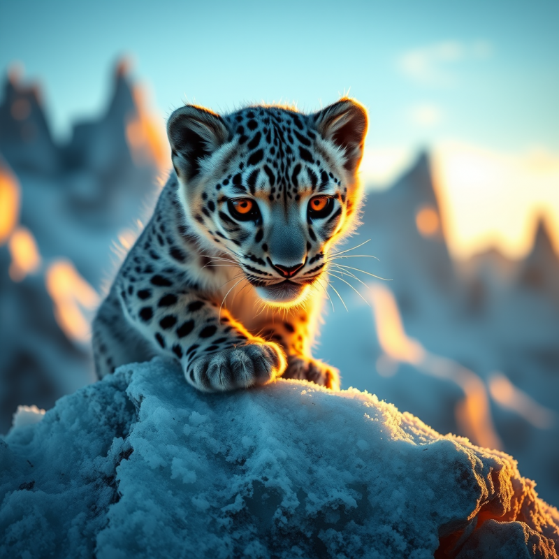 Golden-hour Shot of a Lone Snow Leopard Cub