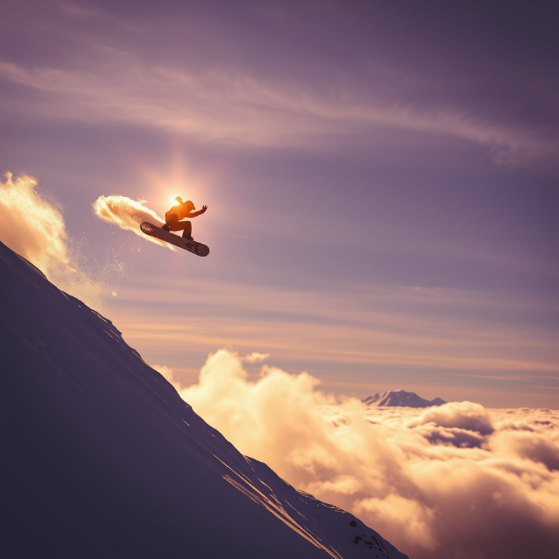 Golden-hour Shot of a Lone Snowboarder Mid-air