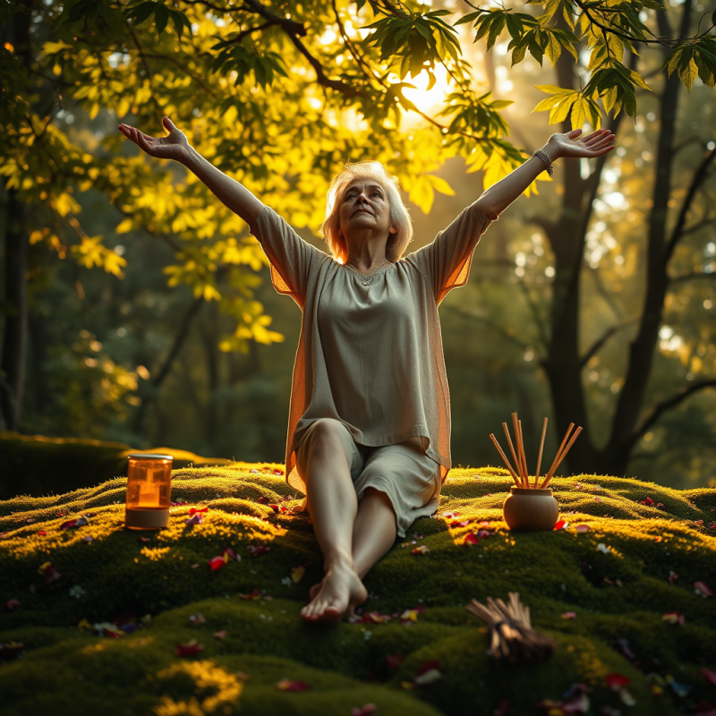 Golden-hour Shot of a Middle-aged Woman Barefoot on Dew...