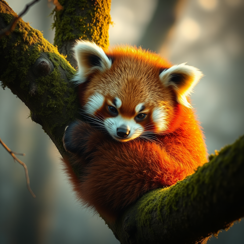 Golden-hour Shot of a Red Panda Curled Around a Moss-co...