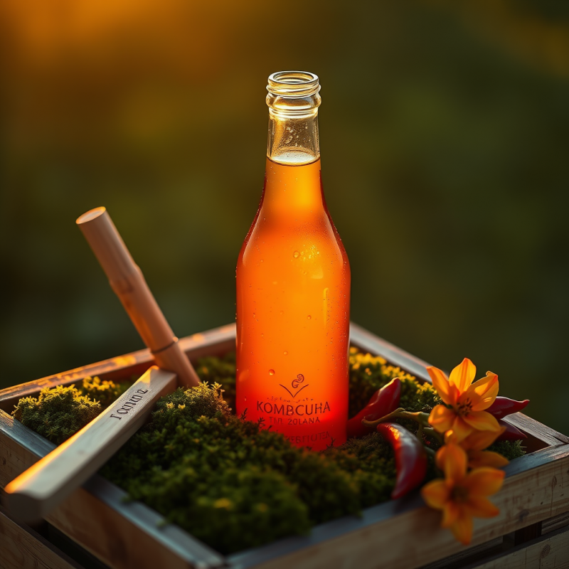 Golden Hour Shot of a Single Artisanal Kombucha Bottle ...