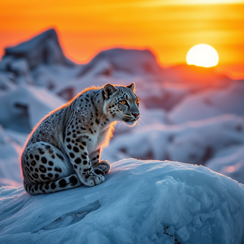 Golden Hour Shot of a Single Snow Leopard Crouched Atop...