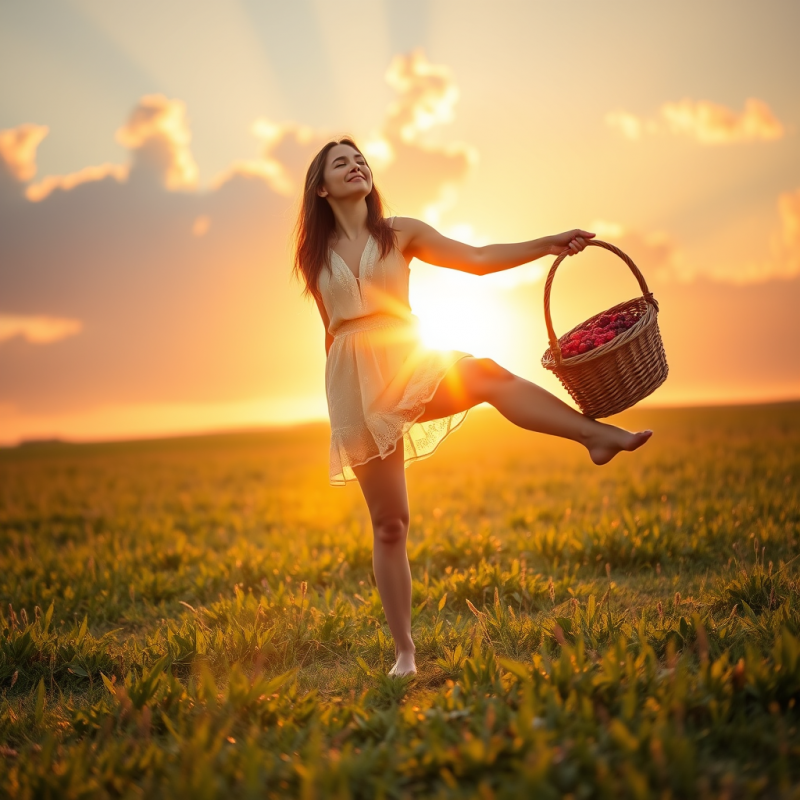 Golden-hour Shot of a Woman Barefoot on a Dew-kissed Me...