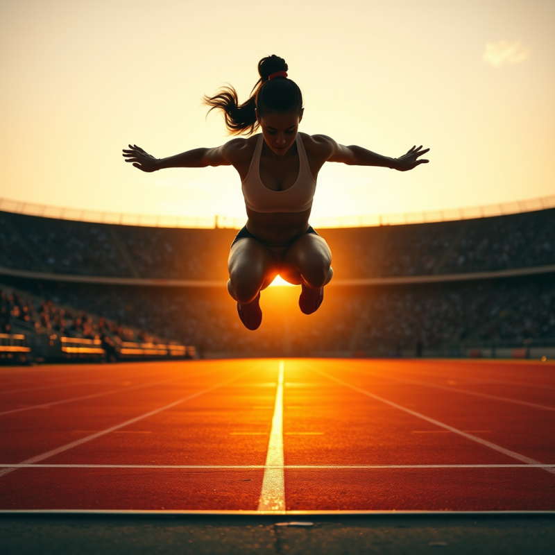 Golden-hour Silhouette of a Female Long Jumper Mid-flig...