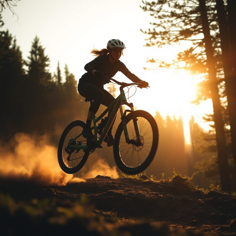 Golden-hour Silhouette of a Female Mountain Biker Mid-a...