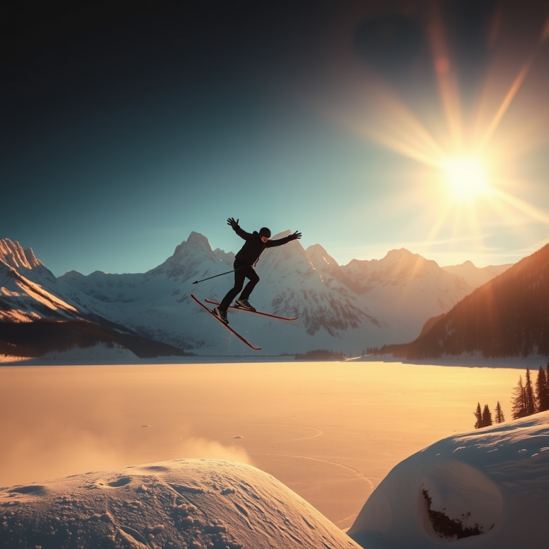 Golden-hour Silhouette of a Lone Ski Jumper Mid-flight ...