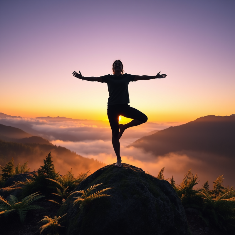 Golden-hour Silhouette of a Person Balancing on One Leg...