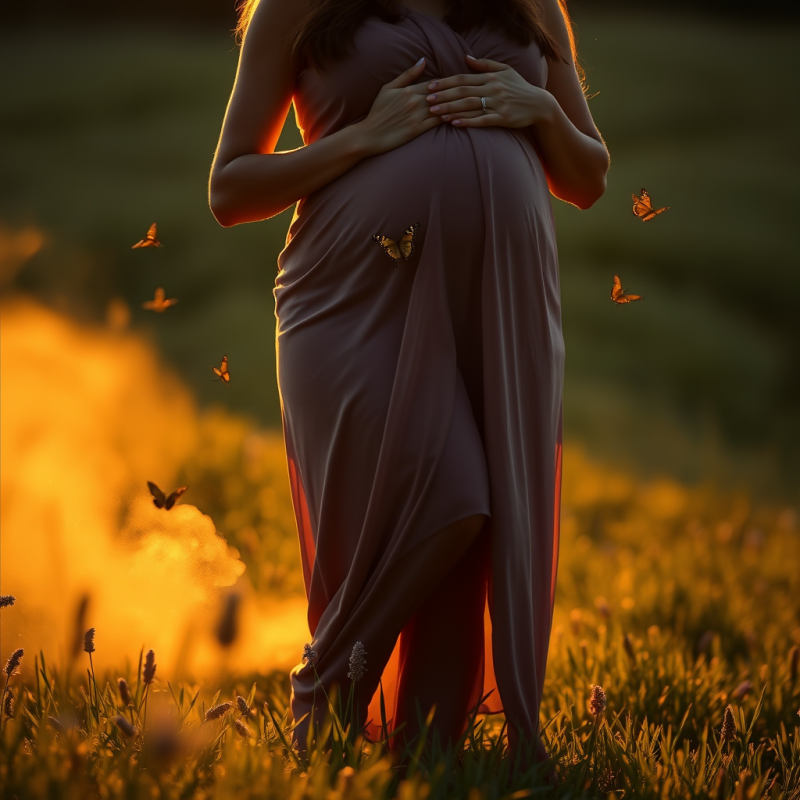 Golden-hour Silhouette of a Pregnant Woman Barefoot on ...