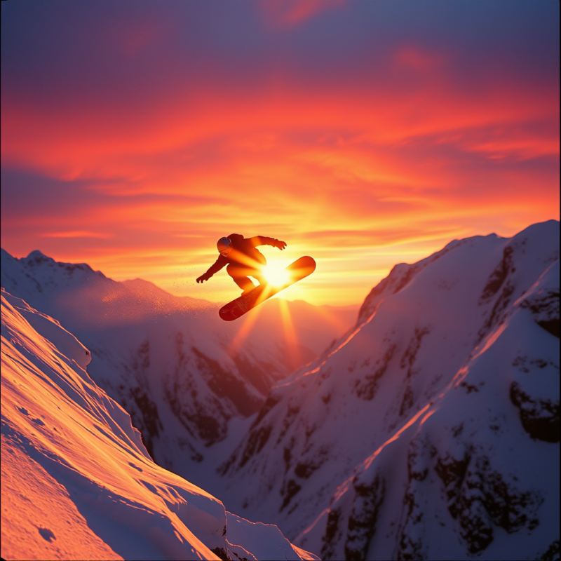 Golden Hour Sunlight Slashes Across A Lone Snowboarder Mi...